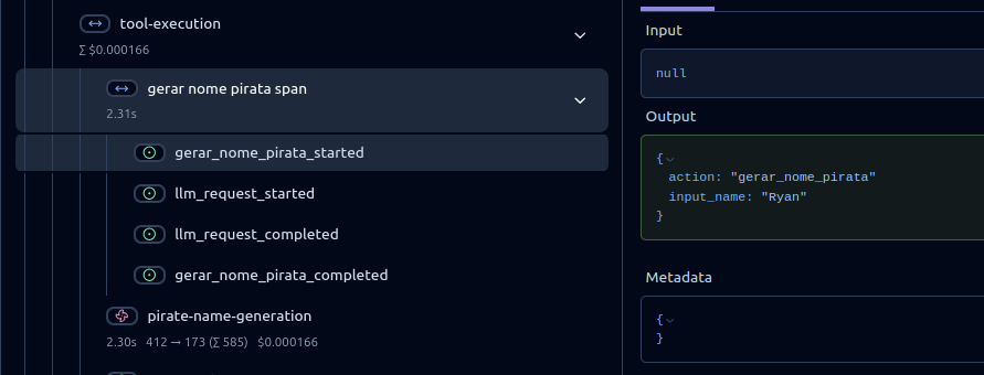 Visualização do ActionSpan no LangFuse